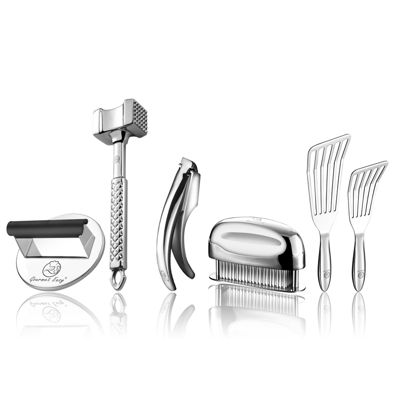 Burger Press Stainless Steel - Round + Fish Turner + Garlic Easy (Fine Mince) + Meat Hammer - Original + Meat Tenderizer Needle