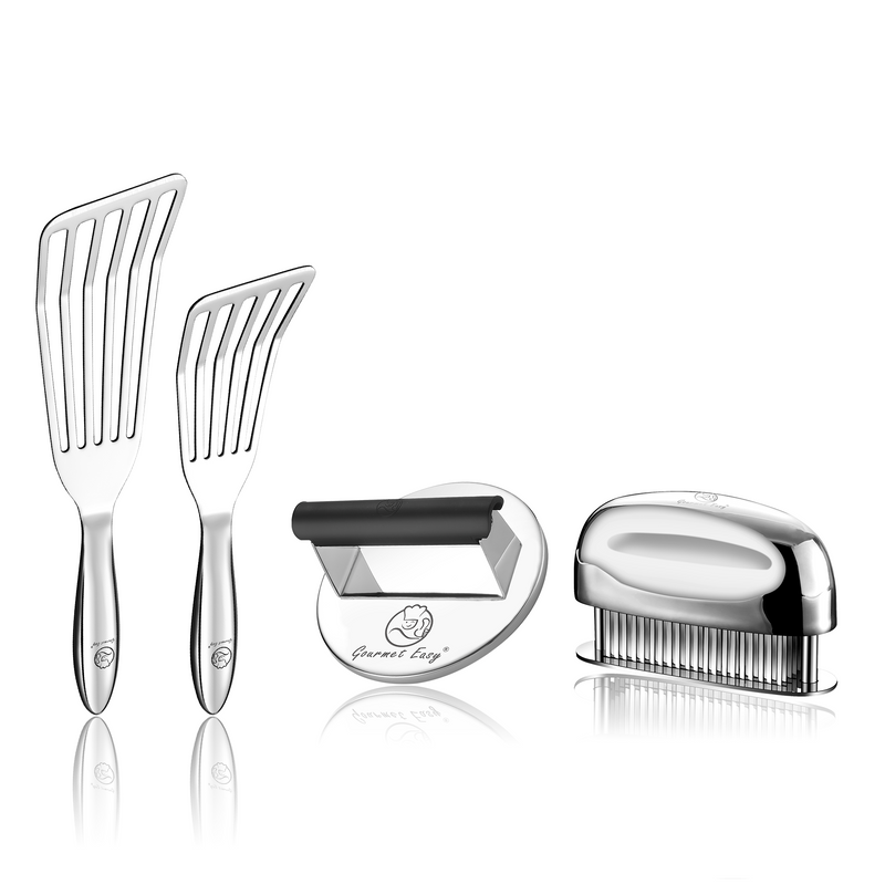 Burger Press Stainless Steel - Round + Fish Turner + Meat Tenderizer Needle