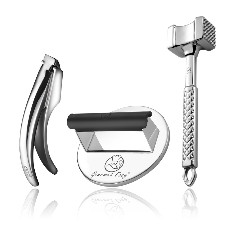 Burger Press Stainless Steel - Round + Garlic Easy (Fine Mince) + Meat Hammer - Original