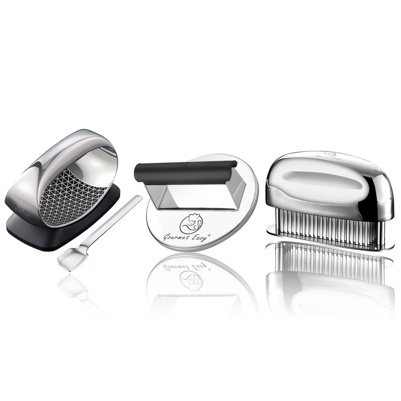 Burger Press Stainless Steel - Round + Garlic Rocker Pro + Meat Tenderizer Needle