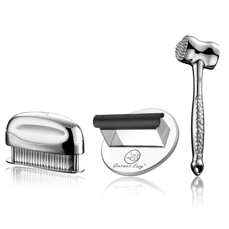 Burger Press Stainless Steel - Round + Meat Hammer - Love Edition + Meat Tenderizer Needle