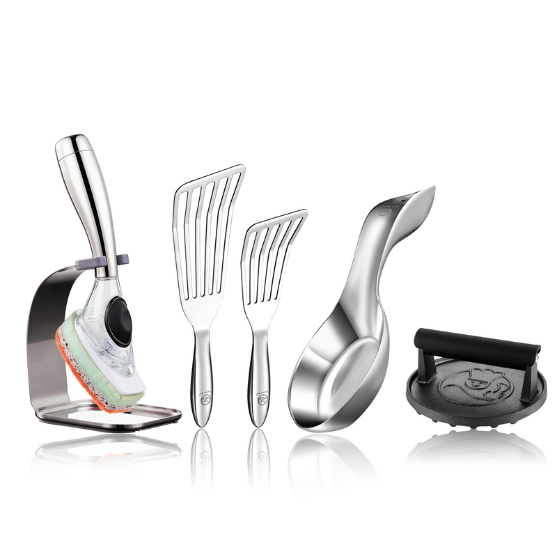 Burger Press Cast Iron - Round + Dishwand (DISHWAND) + Fish Turner + Spoon Rest