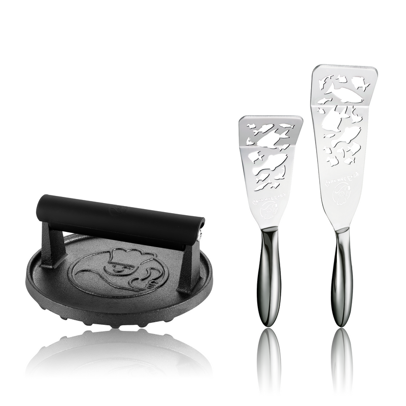 Burger Press Cast Iron - Round + Fish Turner - Fish Edition