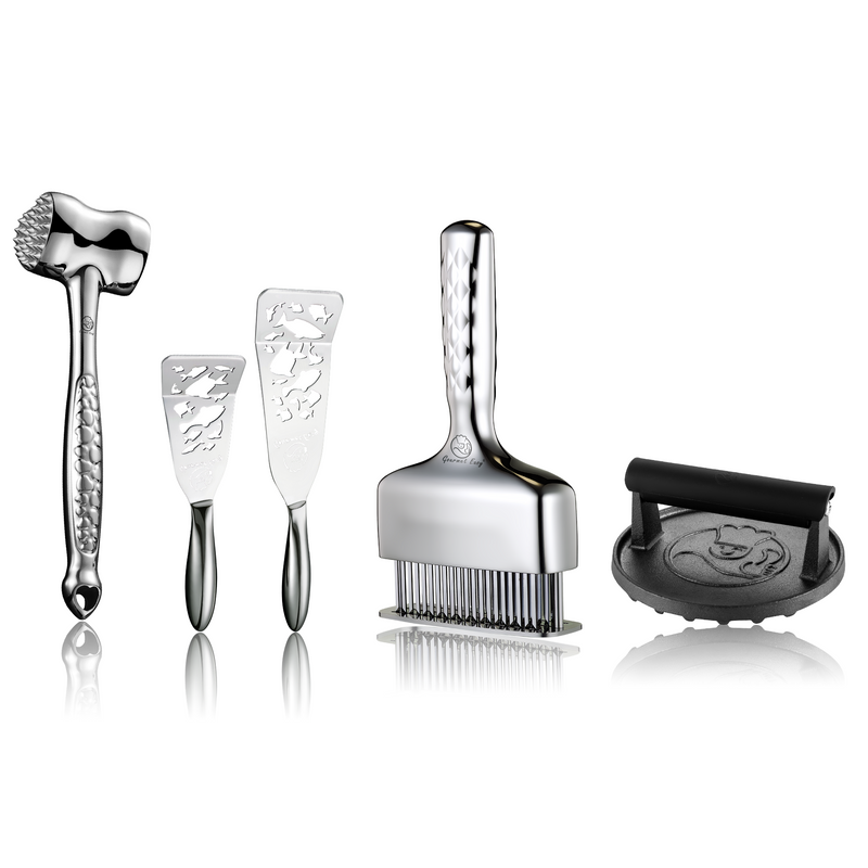 Burger Press Cast Iron - Round + Fish Turner - Fish Edition + Meat Hammer - Love Edition + Meat Needle Luxe