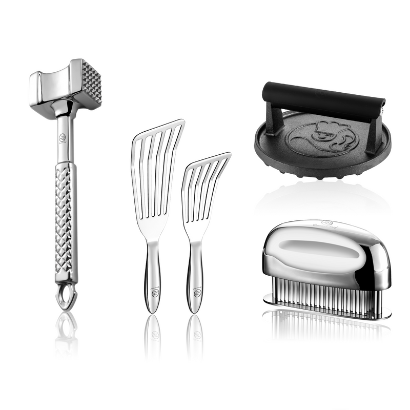 Burger Press Cast Iron - Round + Fish Turner + Meat Hammer - Original + Meat Tenderizer Needle