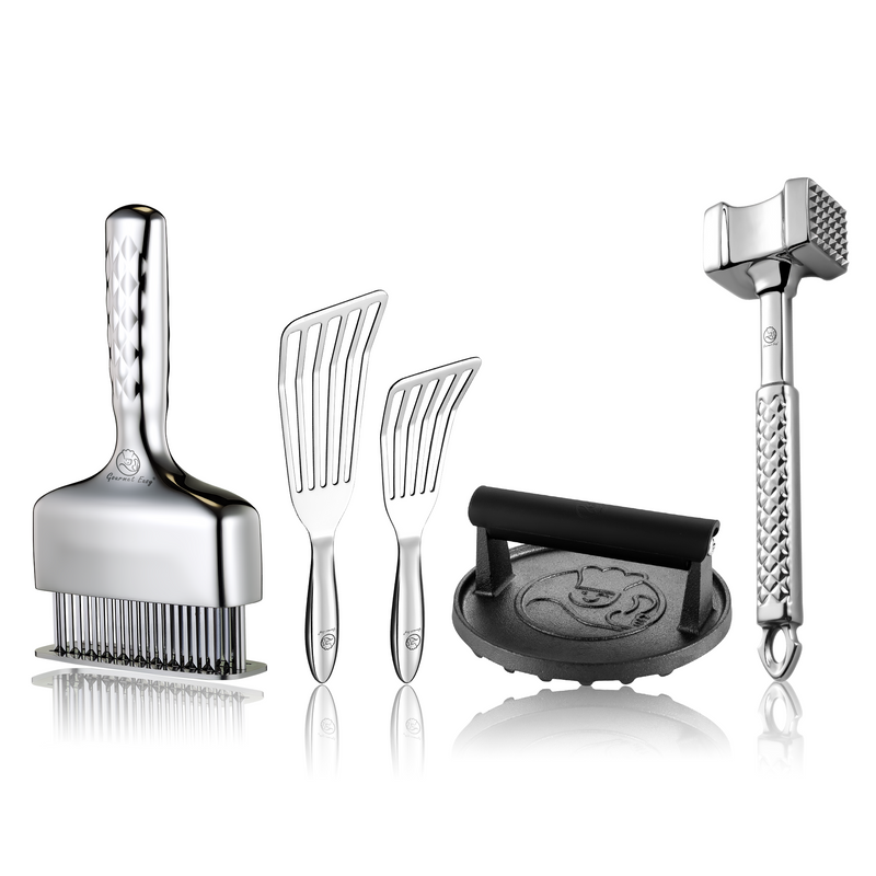 Burger Press Cast Iron - Round + Fish Turner + Meat Hammer - Original + Meat Needle Luxe
