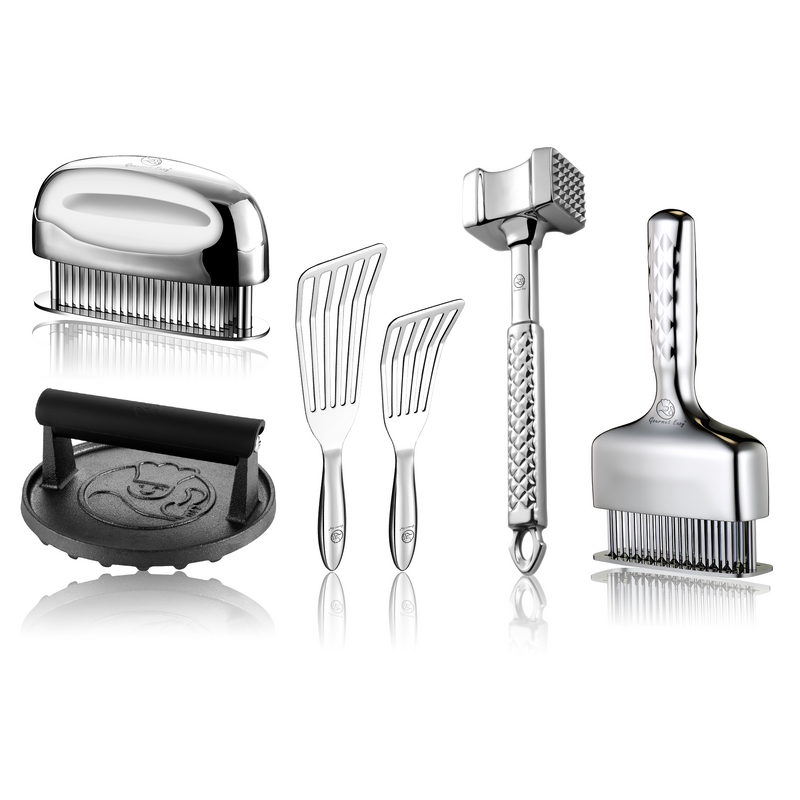 Burger Press Cast Iron - Round + Fish Turner + Meat Hammer - Original + Meat Tenderizer Needle + Meat Needle Luxe