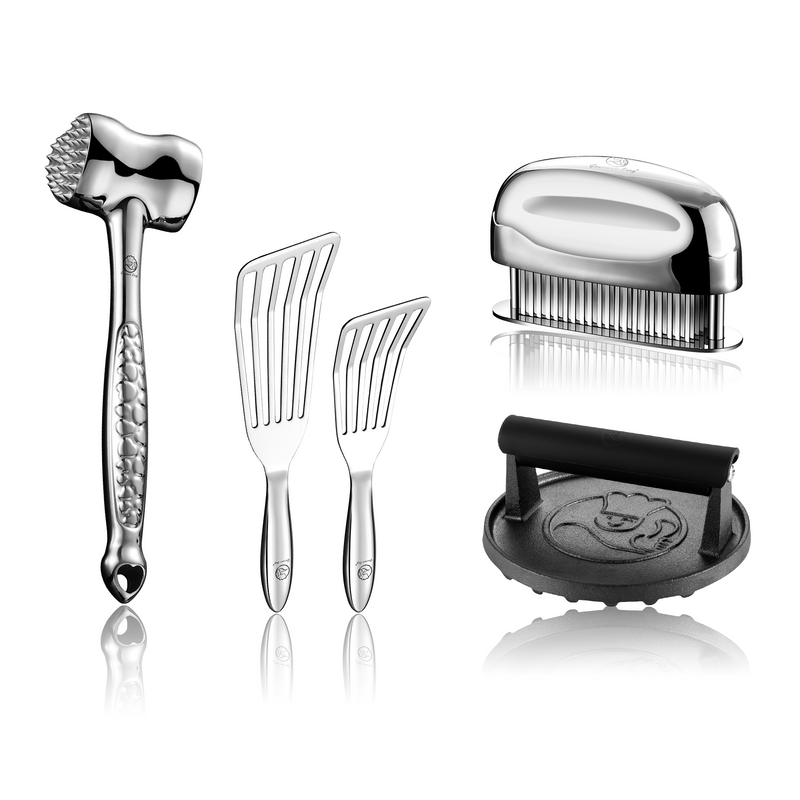 Burger Press Cast Iron - Round + Fish Turner + Meat Hammer - Love Edition + Meat Tenderizer Needle