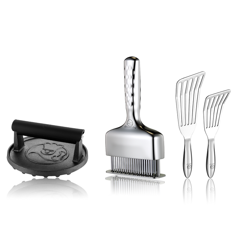 Burger Press Cast Iron - Round + Fish Turner + Meat Needle Luxe