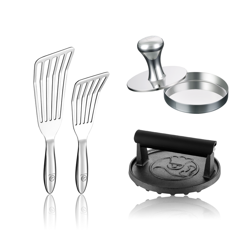 Burger Press Cast Iron - Round + Fish Turner + Burger Press Meat Patty Maker - Round