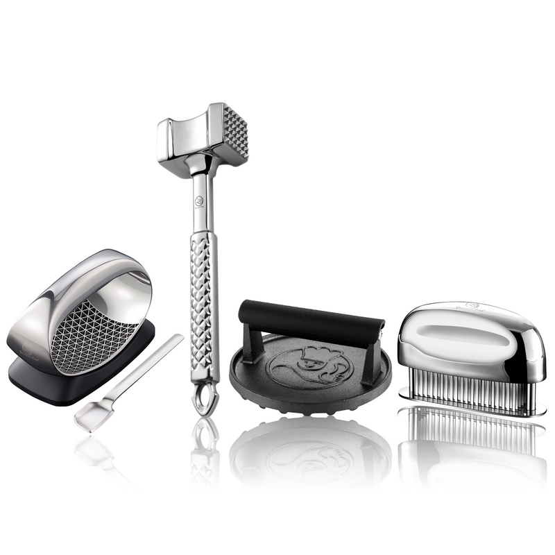 Burger Press Cast Iron - Round + Garlic Rocker Pro + Meat Hammer - Original + Meat Tenderizer Needle