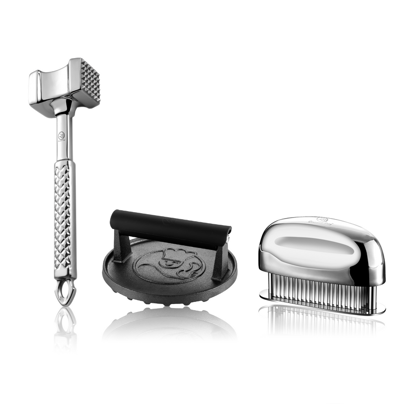 Burger Press Cast Iron - Round + Meat Hammer - Original + Meat Tenderizer Needle