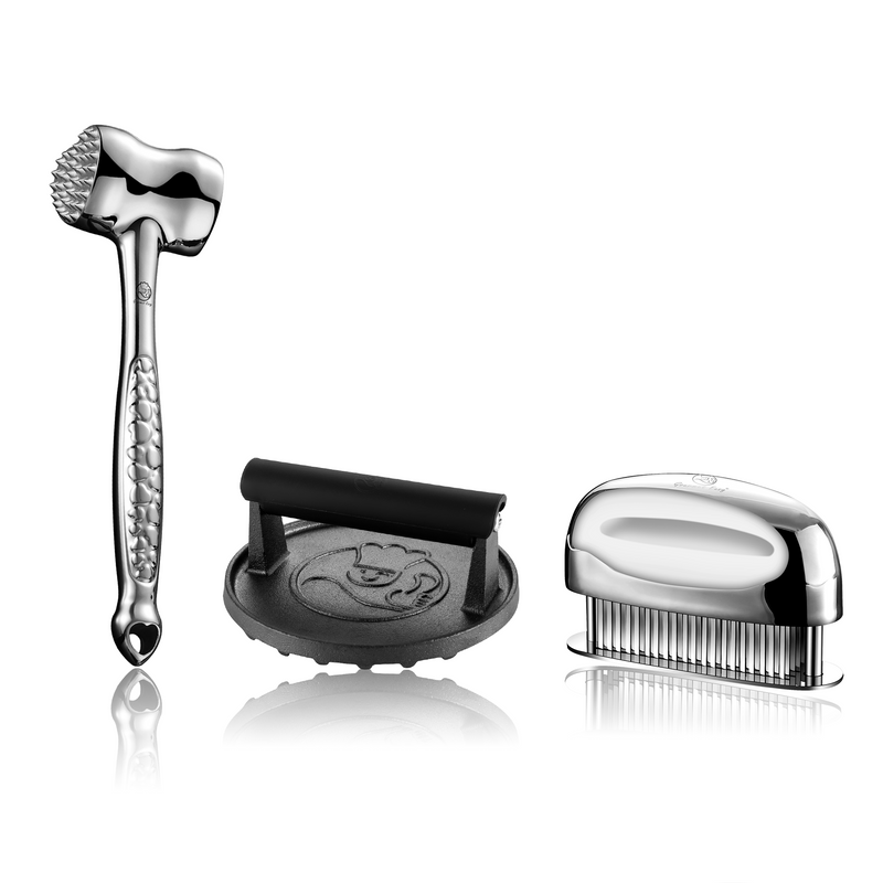 Burger Press Cast Iron - Round + Meat Hammer - Love Edition + Meat Tenderizer Needle