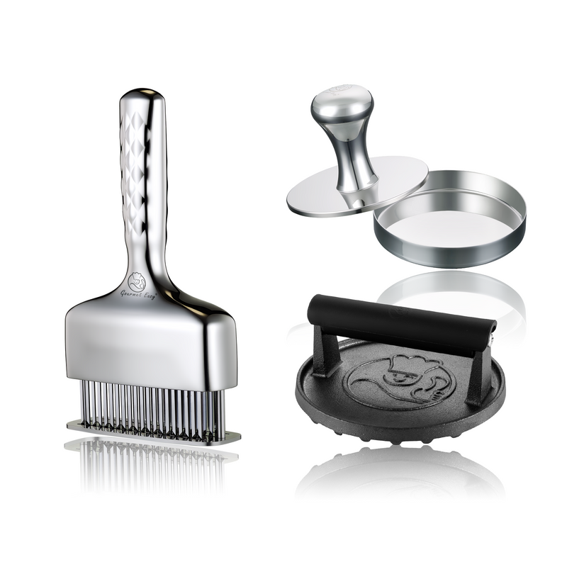 Burger Press Cast Iron - Round + Meat Needle Luxe + Burger Press Meat Patty Maker - Round