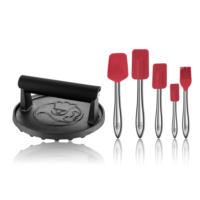 Burger Press Cast Iron - Round + 5pcs Kitchen Utensils Set (Red)