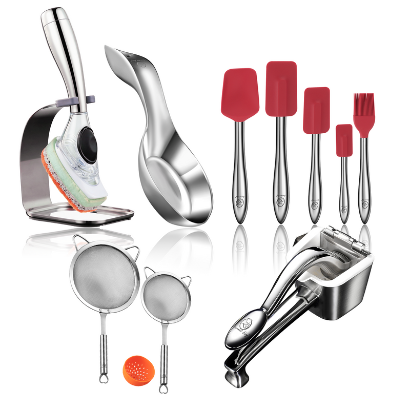 Dishwand (DISHWAND) + Juicer + Spoon Rest + Stainless Steel Strainer Set (Stainless Steel) + 5pcs Kitchen Utensils Set (Red)