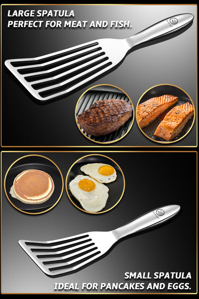 Gourmet Easy Fish Spatula Stainless Steel Combo - 1 Large Fish Turner Spatula + 1 Small Griddle Spatula - Metal Spatula for Cooking - Slot
