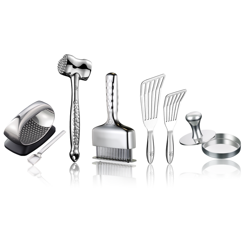 Fish Turner + Garlic Rocker Pro + Meat Hammer - Love Edition + Meat Needle Luxe + Burger Press Meat Patty Maker - Round