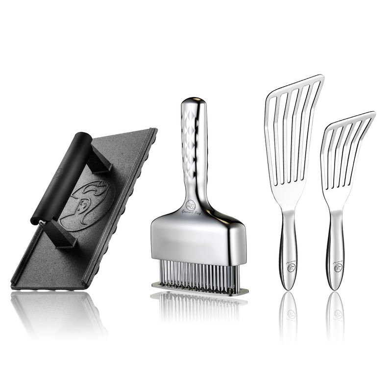Fish Turner + Burger Press Cast Iron - Rectangle + Meat Needle Luxe
