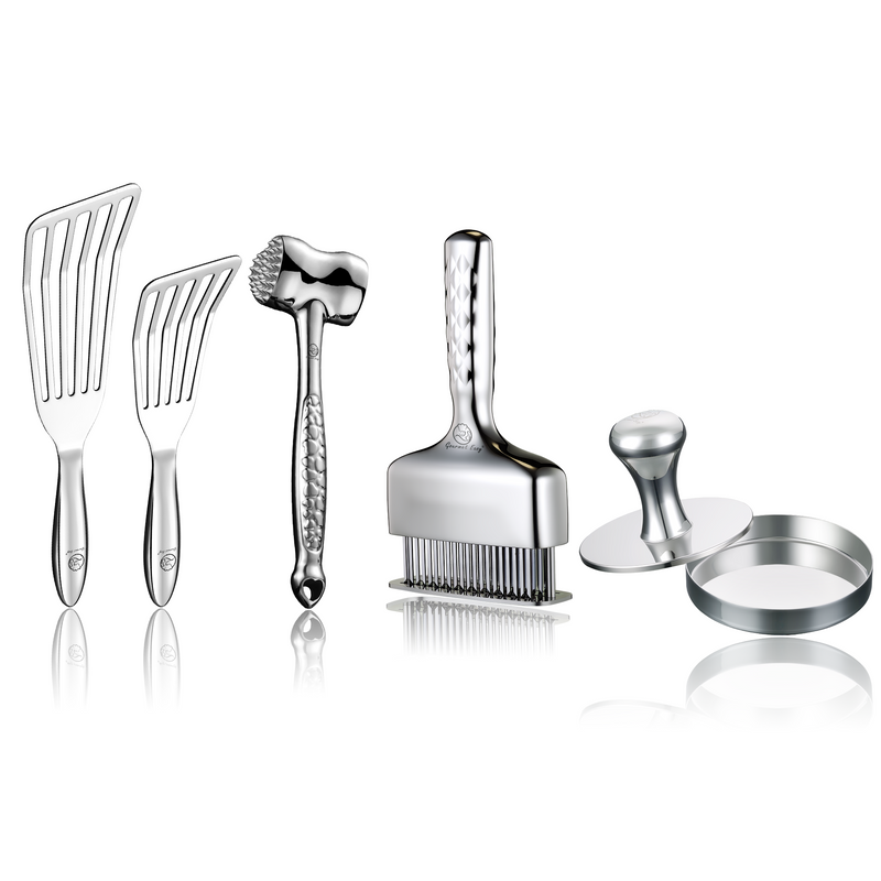 Fish Turner + Meat Hammer - Original + Meat Needle Luxe + Burger Press Meat Patty Maker - Round