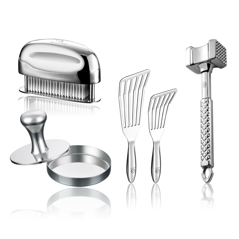 Fish Turner + Meat Hammer - Original + Meat Tenderizer Needle + Burger Press Meat Patty Maker - Round