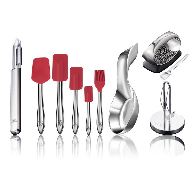Garlic Chopper + Kitchen Paper Towel Holder + I Peeler Deluxe + Spoon Rest + 5pcs Kitchen Utensils Set (Red)