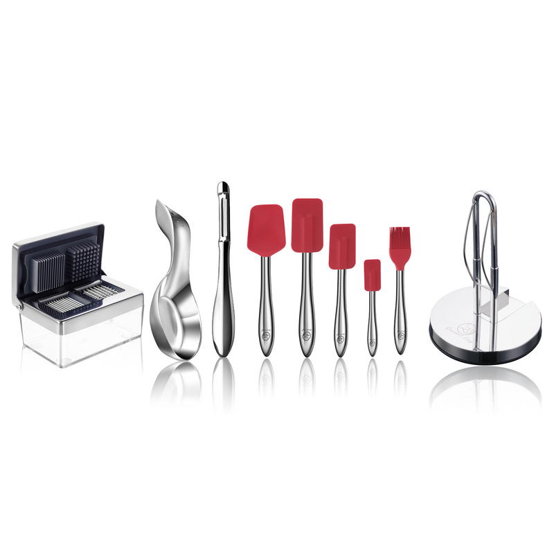 Garlic Chopper + Kitchen Paper Towel Holder + I Peeler + Spoon Rest + 5pcs Kitchen Utensils Set (Red)