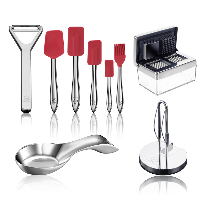 Garlic Chopper + Kitchen Paper Towel Holder + Y Peeler Deluxe + Spoon Rest + 5pcs Kitchen Utensils Set (Red)
