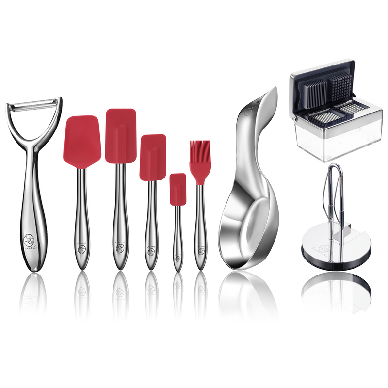 Garlic Chopper + Kitchen Paper Towel Holder + Y Peeler + Spoon Rest + 5pcs Kitchen Utensils Set (Red)