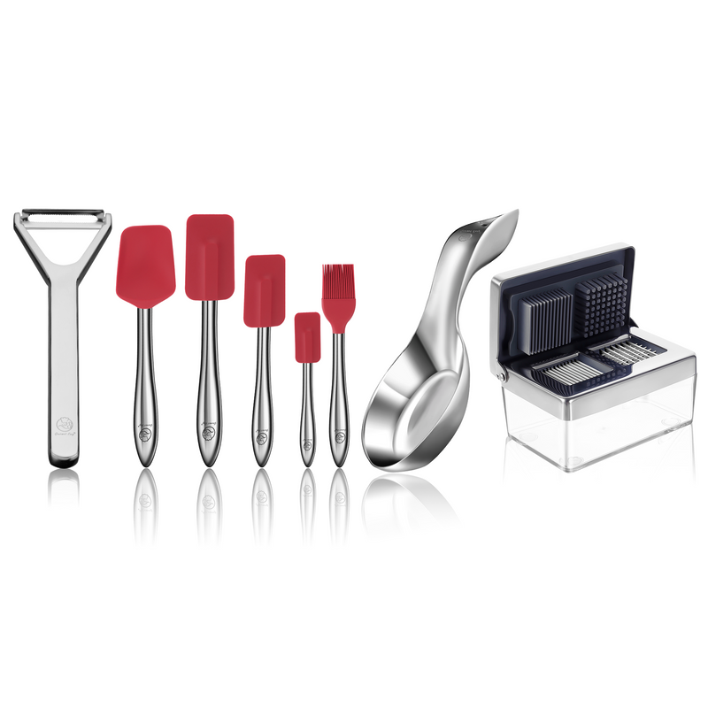 Garlic Chopper + Y Peeler Deluxe + Spoon Rest + 5pcs Kitchen Utensils Set (Red)