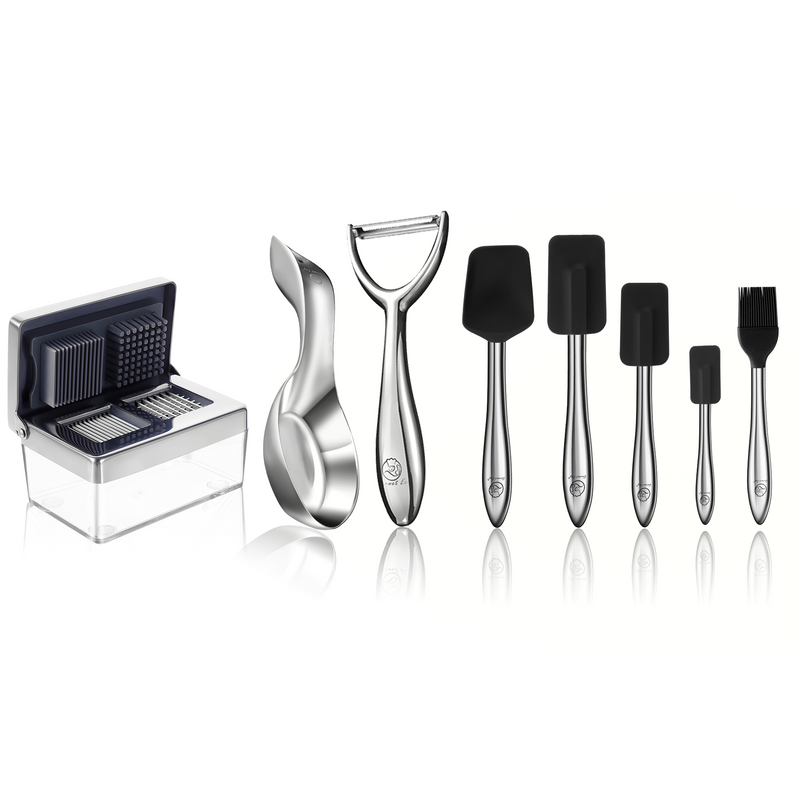 Garlic Chopper + Y Peeler + Spoon Rest + 5pcs Kitchen Utensils Set (Black)