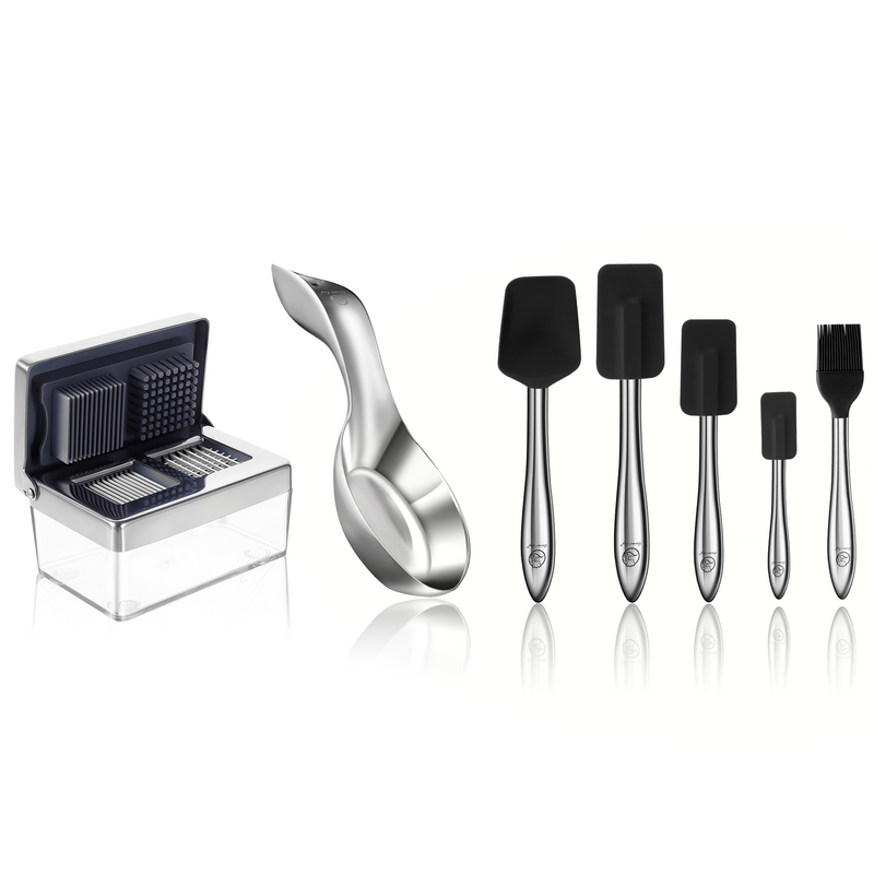 Garlic Chopper + Spoon Rest + 5pcs Kitchen Utensils Set (Black)