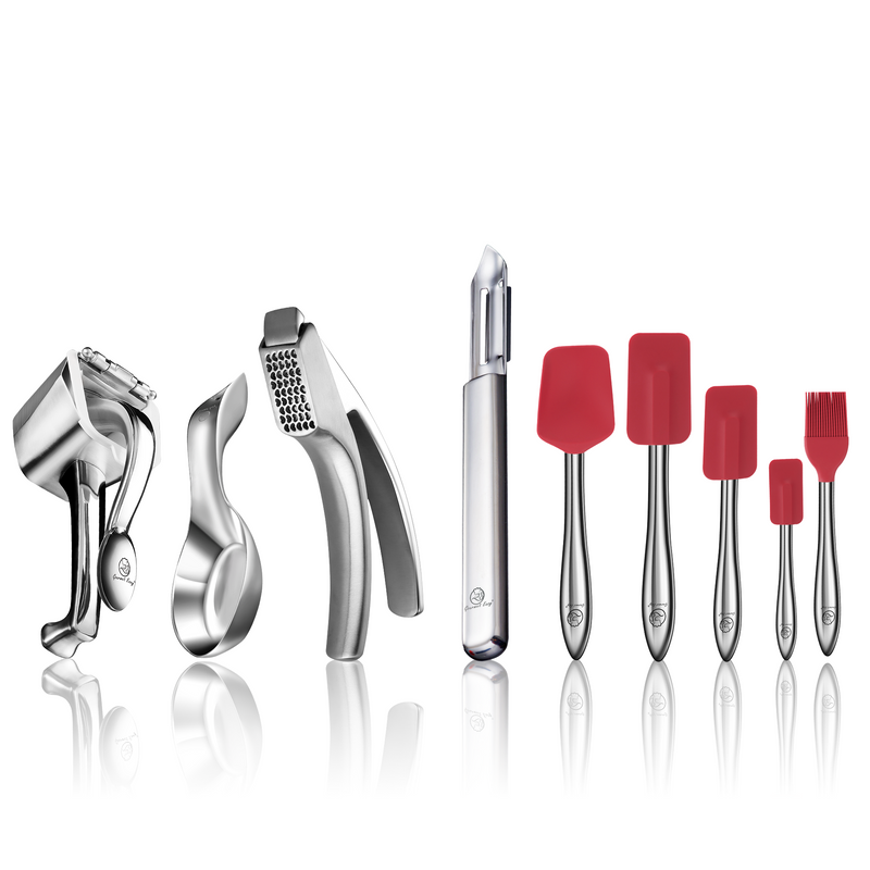 Garlic Easy (Coarse Mince) + Juicer + I Peeler Deluxe + Spoon Rest + 5pcs Kitchen Utensils Set (Red)