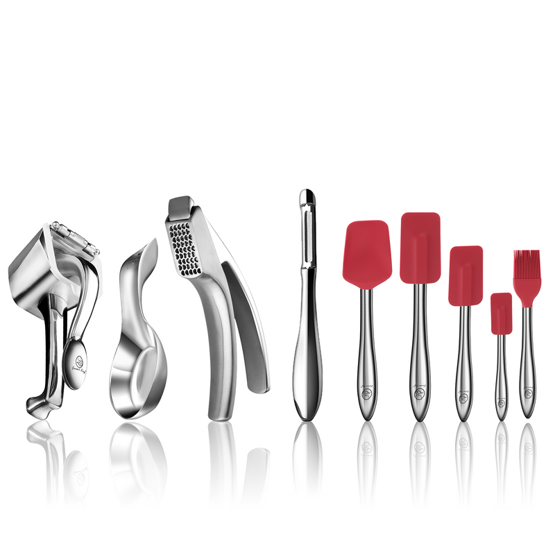 Garlic Easy (Coarse Mince) + Juicer + I Peeler + Spoon Rest + 5pcs Kitchen Utensils Set (Red)