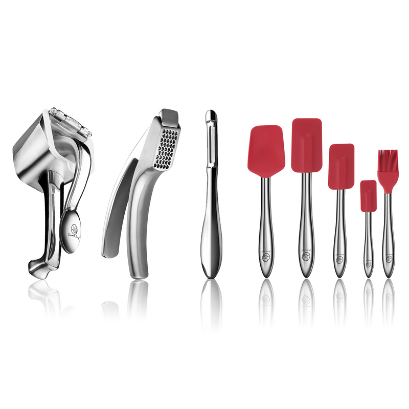 Garlic Easy (Coarse Mince) + Juicer + I Peeler + 5pcs Kitchen Utensils Set (Red)