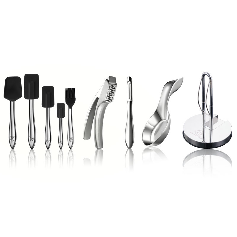 Garlic Easy (Coarse Mince) + Kitchen Paper Towel Holder + I Peeler + Spoon Rest + 5pcs Kitchen Utensils Set (Black)