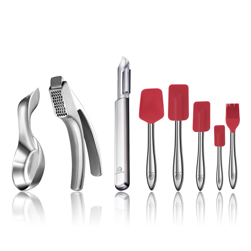 Garlic Easy (Coarse Mince) + I Peeler Deluxe + Spoon Rest + 5pcs Kitchen Utensils Set (Red)