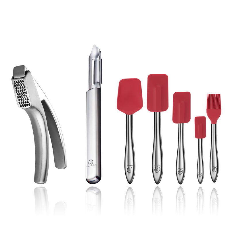 Garlic Easy (Coarse Mince) + I Peeler Deluxe + 5pcs Kitchen Utensils Set (Red)