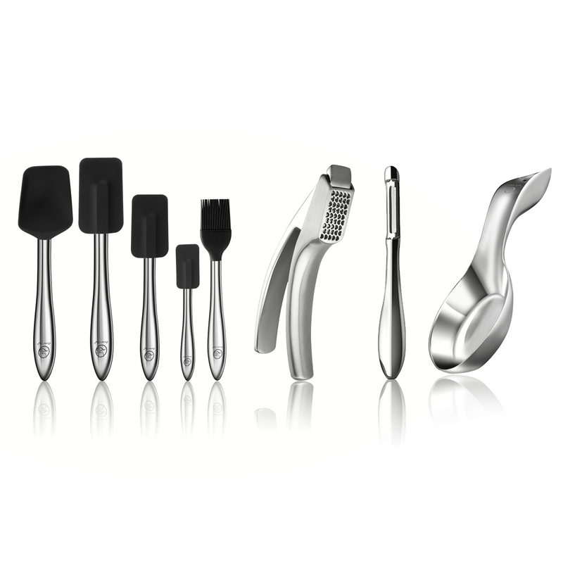 Garlic Easy (Coarse Mince) + I Peeler + Spoon Rest + 5pcs Kitchen Utensils Set (Black)
