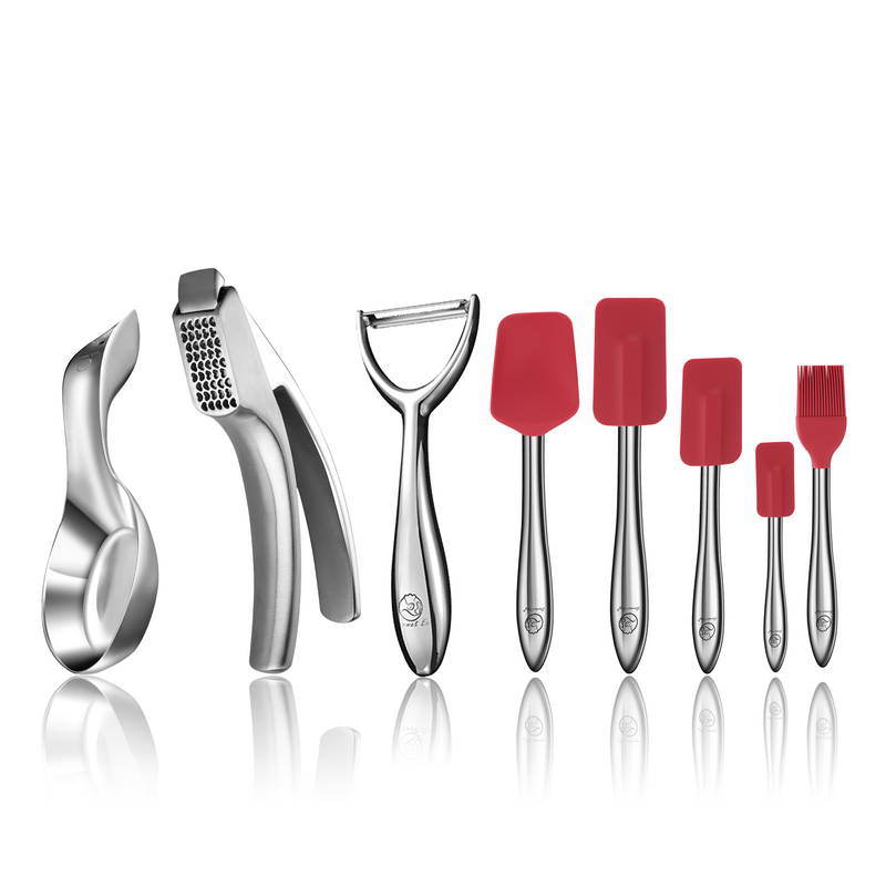 Garlic Easy (Coarse Mince) + Y Peeler + Spoon Rest + 5pcs Kitchen Utensils Set (Red)