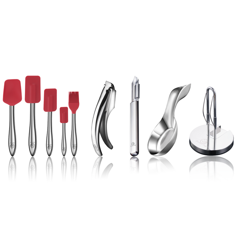 Garlic Easy (Fine Mince) + Kitchen Paper Towel Holder + I Peeler Deluxe + Spoon Rest + 5pcs Kitchen Utensils Set (Red)