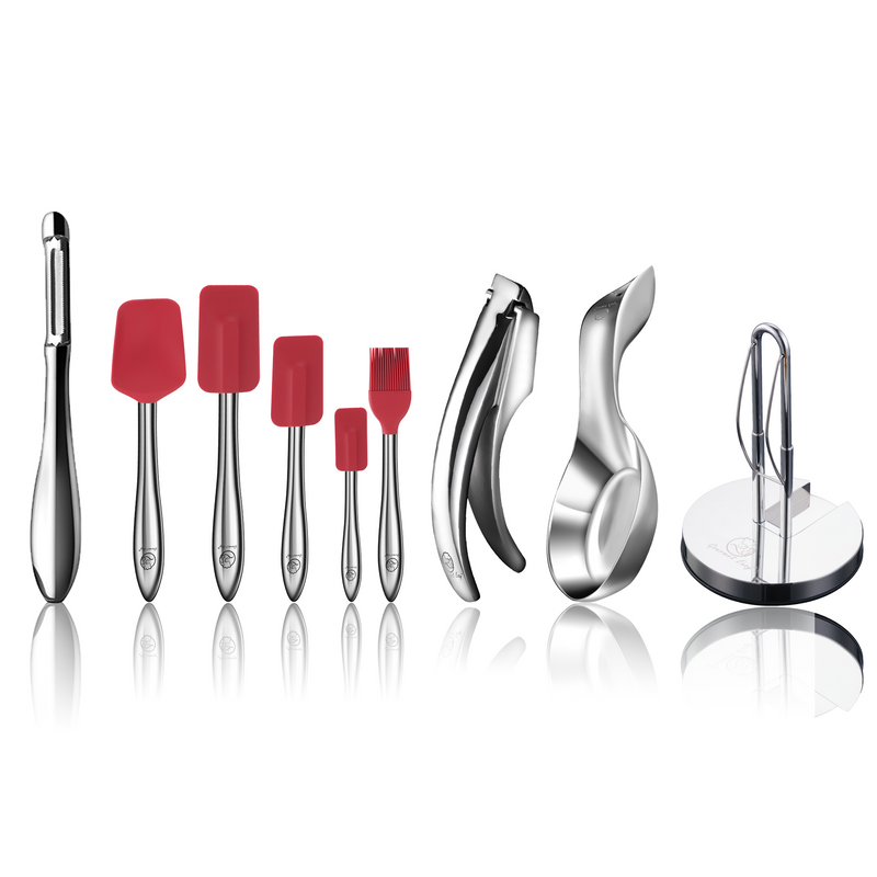 Garlic Easy (Fine Mince) + Kitchen Paper Towel Holder + I Peeler + Spoon Rest + 5pcs Kitchen Utensils Set (Red)