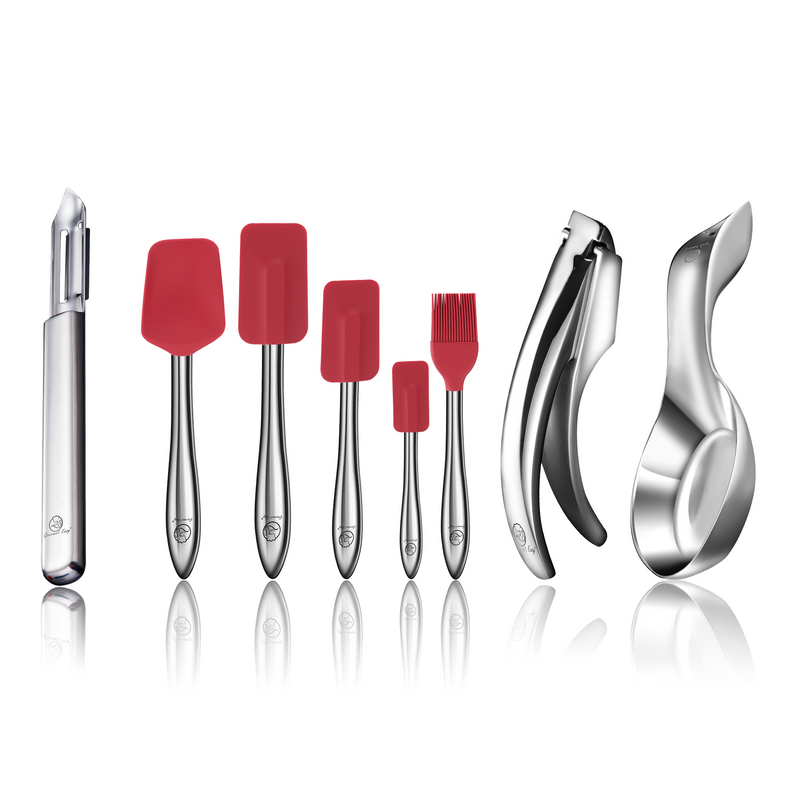 Garlic Easy (Fine Mince) + I Peeler Deluxe + Spoon Rest + 5pcs Kitchen Utensils Set (Red)