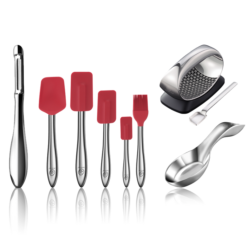 Garlic Rocker Pro + I Peeler + Spoon Rest + 5pcs Kitchen Utensils Set (Red)