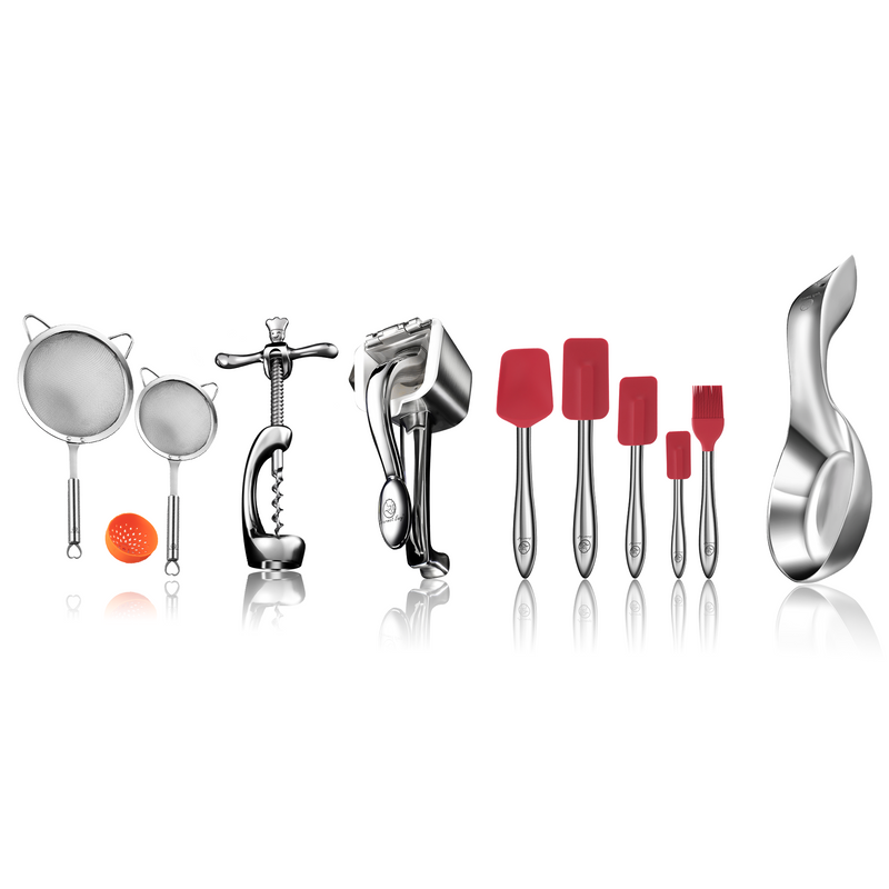 Juicer + Spoon Rest + Stainless Steel Strainer Set (Stainless Steel) + 5pcs Kitchen Utensils Set (Red) + Wine Opener
