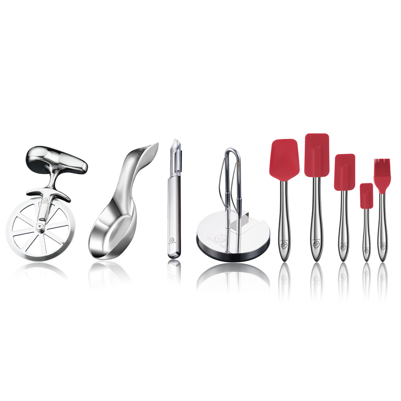 Kitchen Paper Towel Holder + I Peeler Deluxe + Pizza Cutter + Spoon Rest + 5pcs Kitchen Utensils Set (Red)