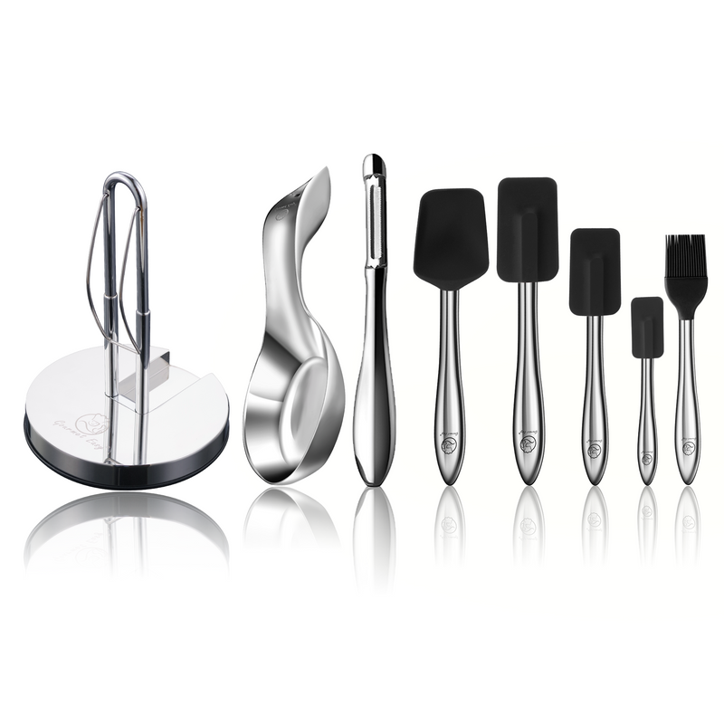Kitchen Paper Towel Holder + I Peeler + Spoon Rest + 5pcs Kitchen Utensils Set (Black)