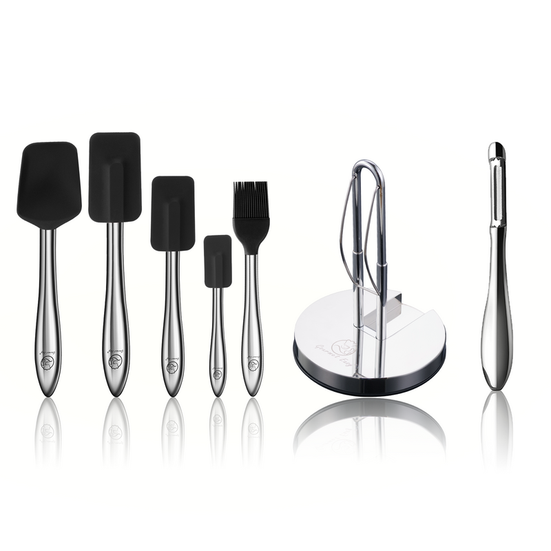 Kitchen Paper Towel Holder + I Peeler + 5pcs Kitchen Utensils Set (Black)