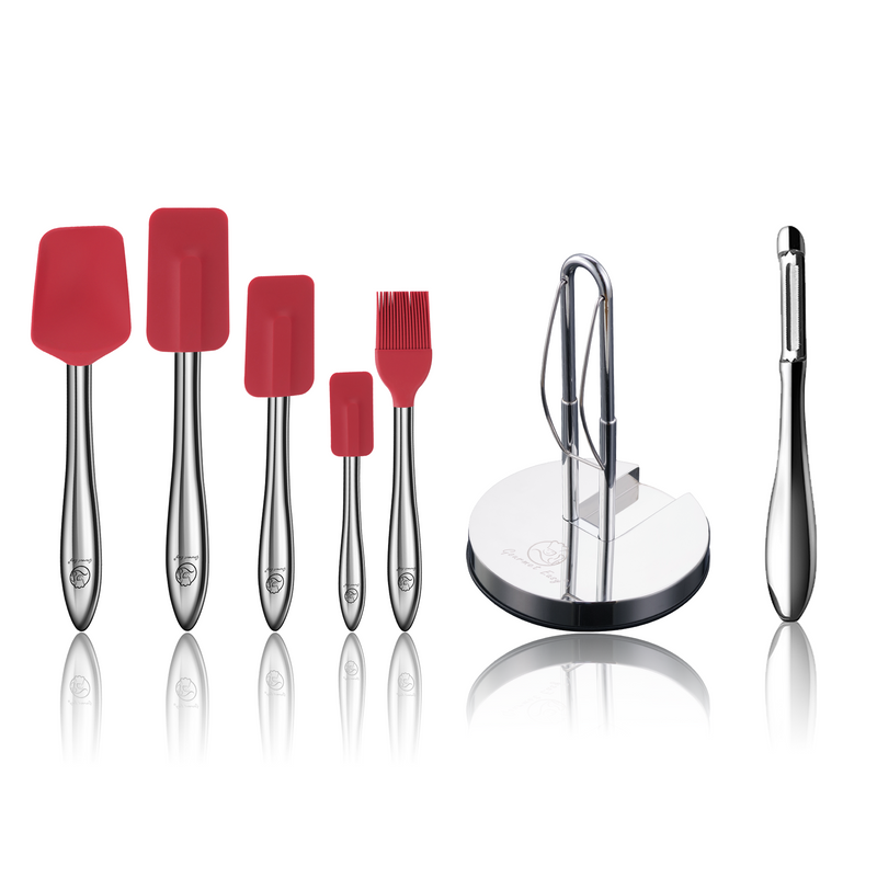 Kitchen Paper Towel Holder + I Peeler + 5pcs Kitchen Utensils Set (Red)