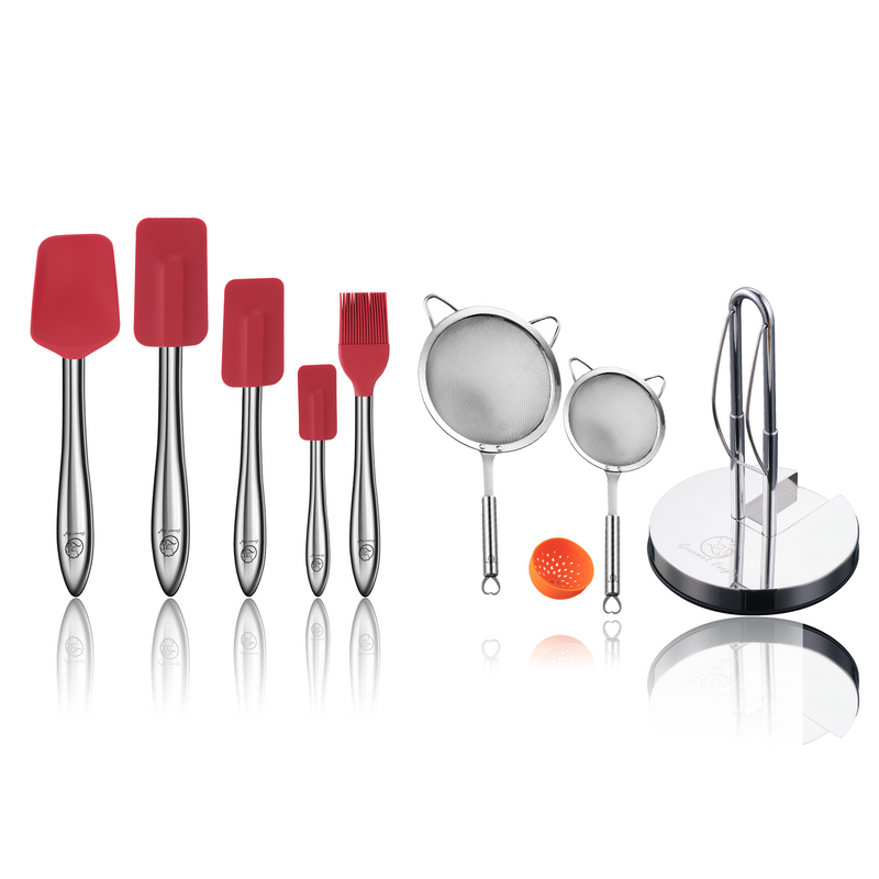 Kitchen Paper Towel Holder + Stainless Steel Strainer Set (Stainless Steel) + 5pcs Kitchen Utensils Set (Red)